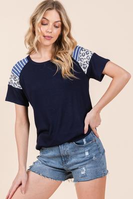 Contrasted Sleeve Ribbed Jersey Top 
