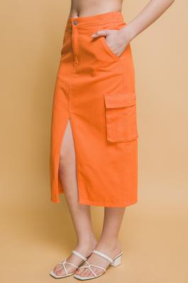 Denim Skirt with Front Slit Detail & Side Pockets
