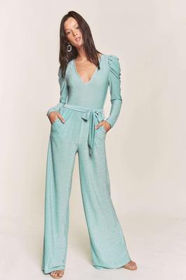 LUREX LOW V NECK PUFF SLEEVE BELTED JUMPSUIT