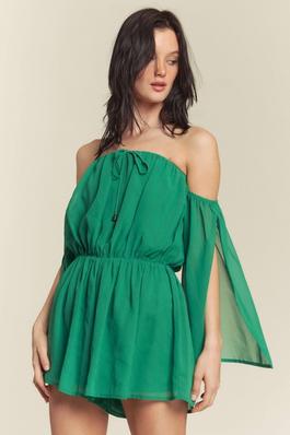 OFF SHOULDER CHIFFON ROMPER WITH SLIT SLEEVES