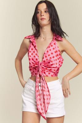 POLKA DOT SATIN BUTTON DOWN RUCHED BUST TOP