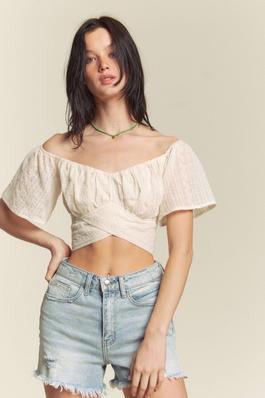 EMBROIDERY VOILE SHORT SLEEVE CROSS TIE TOP