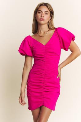 POPLIN BUBBLE SLEEVE RUCHED MIDDLE MINI DRESS