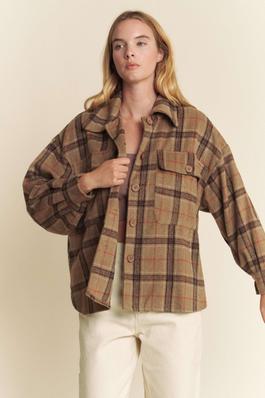 BUTTON DOWN LONG SLEEVE PLAID JACKET WITH POCKETS