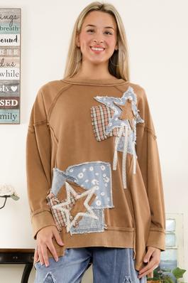 WASHED COTTON TERRY LONGSLEEVE PATCHWORK TOP