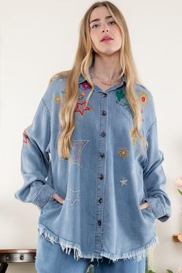 FRONT BTN DOWN TOP W/ EMBROIDERY DETAIL SHIRT