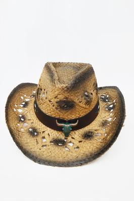 Brown Hollow Straw Cowboy Hat with Bull Pendant