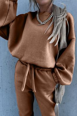 Cropped Pullover with Waist Ribbon and Sweatpants MatchingTwo Piece