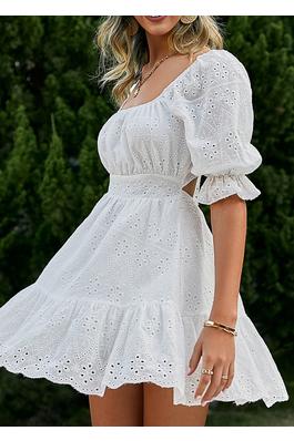 Cotton Lace Up Hollow Out Back Ribbon Puff Sleeve Summer Floral Eyelet Dress
