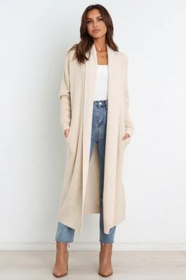 Autumn Winter Round Neck Women Clothing - Loose Solid Color Sweater Knitted Long Maxi Cardigan with