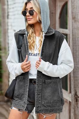 Oversized Loose Casual Jean Vest with Hoodie Denim Layering Vest