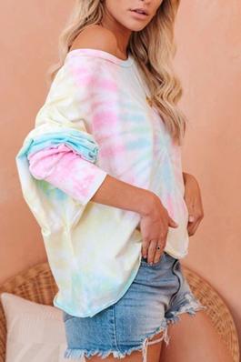 Unicorn Tie Dye Relaxed Fit Deep U Neck Casual Long Sleeve Top