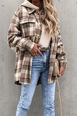 Oversized Boyfriend Checker Plaid Loose Flannel Jacket Shacket with Detachable Hoodie / Trendy Brown