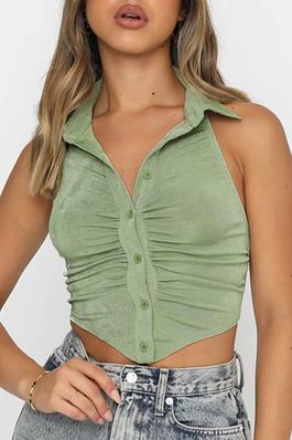 Sleeveless Halter Neck Collared Cropped Tank Top