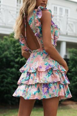 Ruffled Tiered Backless Cake Floral Sun Dress