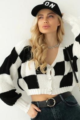 V Neck Plaid Checker Chessboard Print Knitted Crochet Cropped Short Sweater Sweater Cardigan
