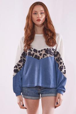 LEOPARD AND SOLID CONTRAST LONG SLEEVE SHIRT- LOUNGEWEAR