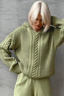 Chunky Cable Knitted Hooded Long Sleeve Sweater