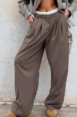 Trendy Brown Taupe High Waist Trousers with Waist Contrast Color Design Wide Leg Slacks Pants Trouse