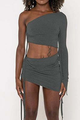 Women Clothing One Shoulder Cropped Top Slim FIT Side Drawstring Ruched Skirt SET