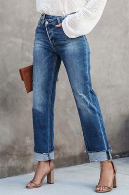 Asymmetrical Criss Cross Button Washed Out Jeans
