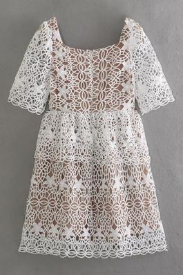SOLID SHORT SLEEVE LINED LARGE LACE DRESS