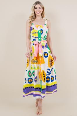 PRINTED SLEEVELESS FRONT BUTTON BELTED DRESS