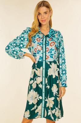FLORAL PRINT LONG SLEEBE BUTTON DOWN BELTED DRESS