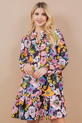 PRINTED LONG SLEEVE FRONT BUTTON SHORT DRESS