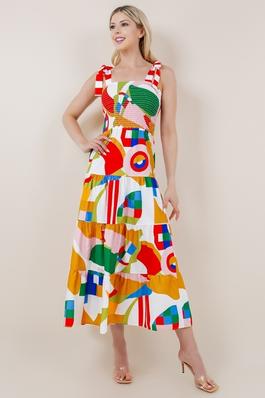 ABSTRACT PRINT TIE STRAP SMOCKED DRESS