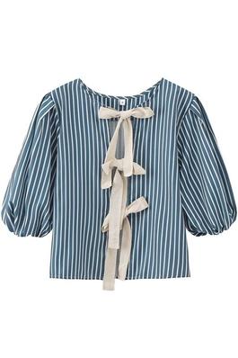 STRIPED SHORT PUFF SLEEVE BOW FRONT BLOUSE