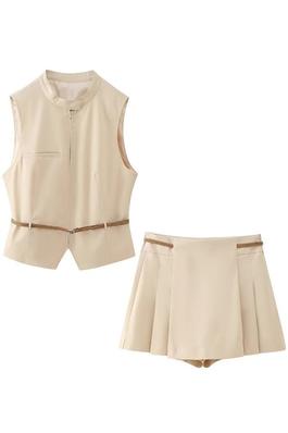 SOLID BELTED VEST AND PLEATED SHORT SETS