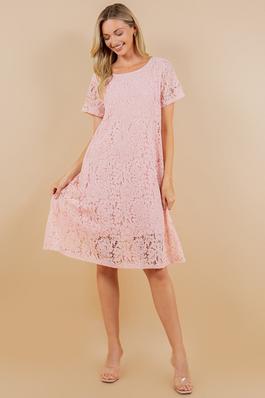 SOLID SHORT SLEEVE LACE DRESS