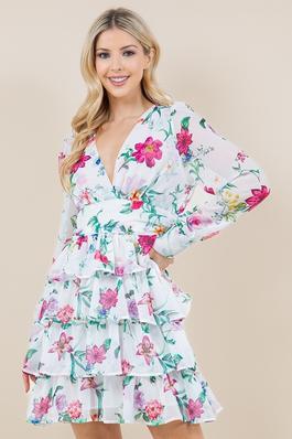 FLORAL PRINT LONG SLEEVE TIERED RUFFLE DRESS