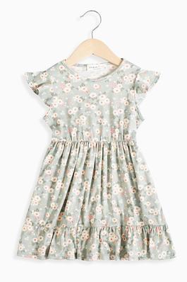 GIRLS FLORAL RUFFLE SLEEVE TIERED DRESS