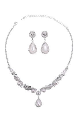 Faux Pear Pearls w Rhinestone Bridal Necklace Set