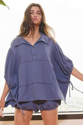 Oversized Drawstring Tie Sleeves Detail Solid Top