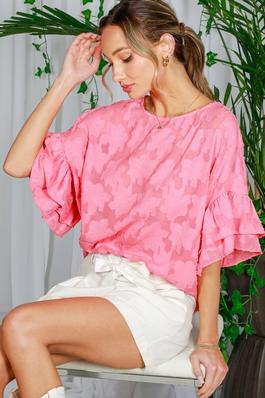 RUFFLE SLEEVE FLORAL JAQUARD WOVEN TOP
