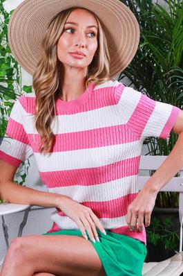 SHORT SLEEVE STRIPED SWEATER TOP