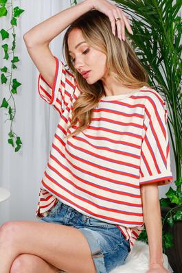 ROLL-UP SHORT SLEEVE STRIPED TOP