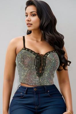 Rhinestones Lace Up Cropped Top