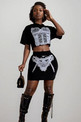 Lingerie Graphic Print Boxy Crop Top and Skirt Set