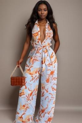 PRINTED BUTTON DOWN JUMPSUIT
