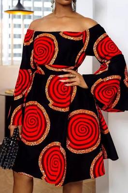 SEXY PRINTED MIDI DRESS OFFSHOULDER WIDE SLEEVE
