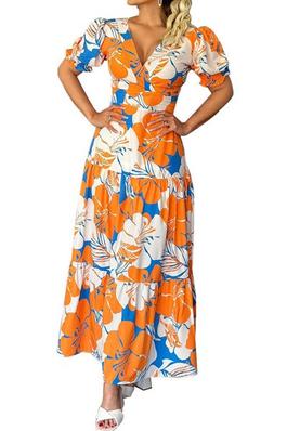 SEXY FLORAL PRINTED MAXI DRESS SHORT SLEEVE