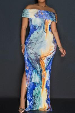 SEXY PRINTED MAXI DRESS SHORT SLEEVE OFFSHOUDLER