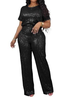 SEXY SOLID SET SHORT SLEEVE LONG PANTS SEQUINS
