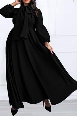 SEXY SOLID MAXI DRESS LONG SLEEVE NECK TIE