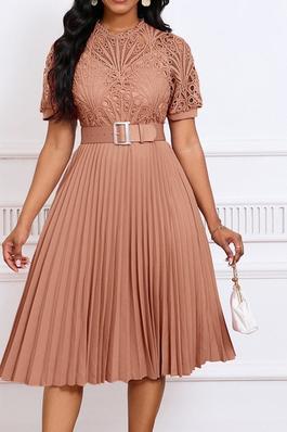 SEXY SOLID MIDI DRESS SHORT SLEEVE BELTED LACE PLEATED