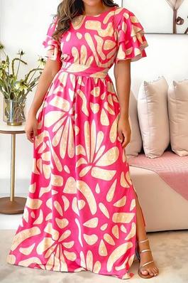 SEXY PRINTED MAXI DRESS SHORT SLEEVE SIDE OPEN